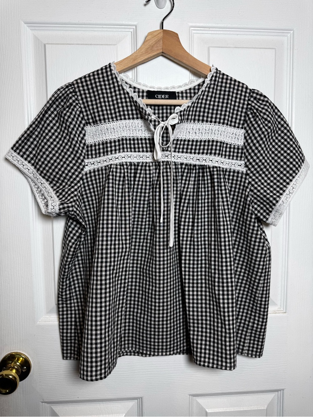 Cider Gingham Lace Cottagecore Babydoll Top Black White Size Medium